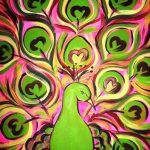 A painting of a peacock on a pink background.