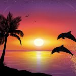 Two dolphins jumping in the ocean at sunset.