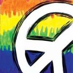 A painting of a peace sign on a colorful background.
