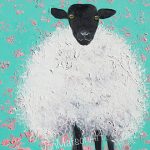 A painting of a black sheep with pink flowers.