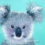A painting of a koala bear on a turquoise background.