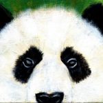A painting of a panda bear on a green background.
