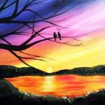 A painting of two birds sitting on a tree at sunset.
