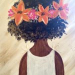 A painting of a girl with flowers on her head.