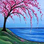 A painting of a pink tree near the water.