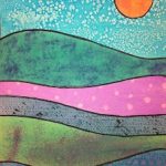 A painting of a landscape with a sun in the sky.