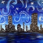 A painting of a city with stars in the sky.