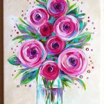 A painting of pink flowers in a vase.