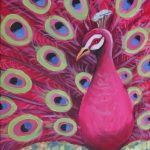 A painting of a peacock with colorful feathers.