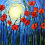 A painting of red poppies with the moon in the background.