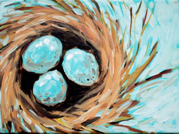 A painting of a bird's nest with three blue eggs.