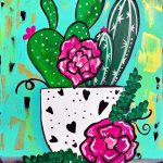 A painting of a cactus in a pot with pink flowers.