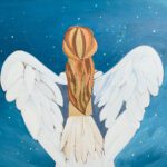 A Starry Night Kitty of an angel with wings in the sky.