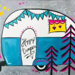 A painting of a Starry Night Kitty with the words happy camper.