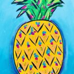 A Starry Night Kitty of a pineapple on a blue background.