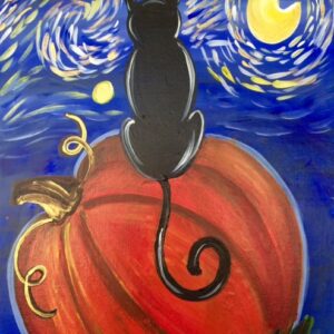 A Starry Night Kitty of a black cat sitting on top of a pumpkin.