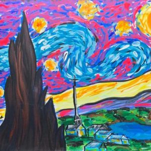 Using only the Starry Night paint kit, an artist captures the enchantment of a starry night over a town.