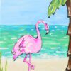 A painting of a pink flamingo on the beach.