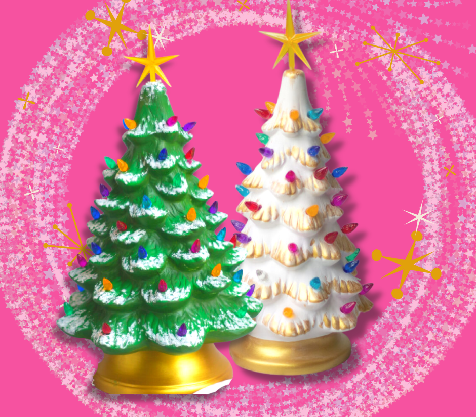Two christmas trees on a pink background.