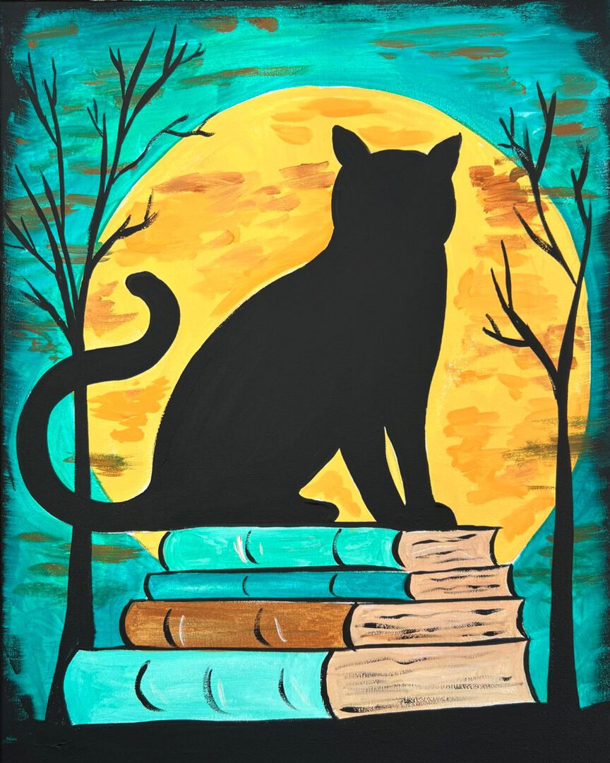 A painting of a black cat sitting on a stack of books.
