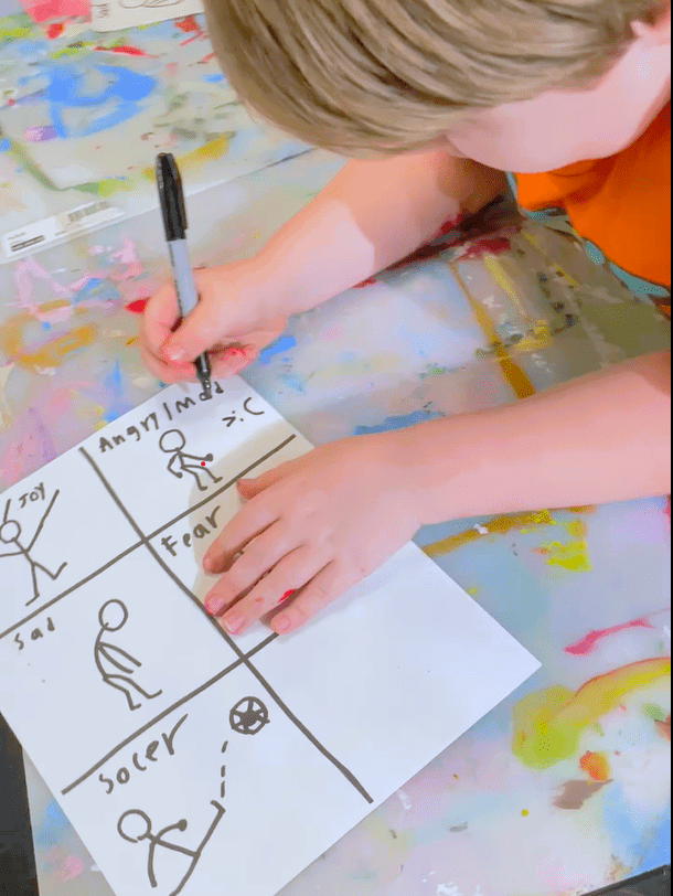 A boy practicing drawing figures