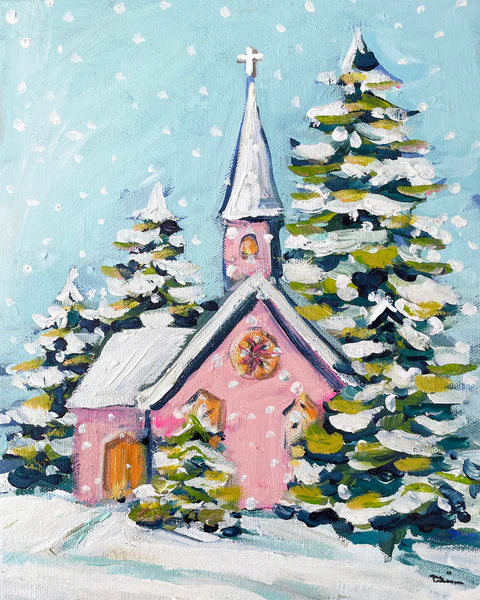 “Acrylic painting of a white chapel surrounded by snow-covered pine trees, daylight winter scene from the White Christmas Chapel paint night at Rainbow Factory in North Augusta, SC.”