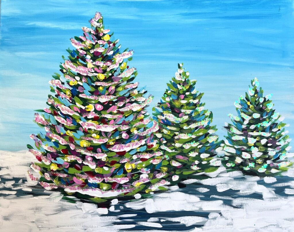 Acrylic painting of a modern Christmas tree with gold and pink accents on a teal background, from the Twinkle Tree holiday paint night at Rainbow Factory in North Augusta, SC.
