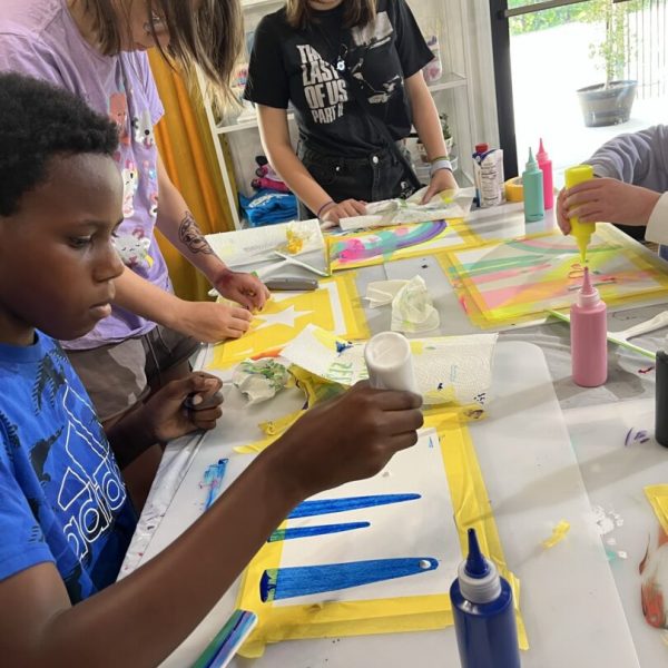 A group of people sitting around a table painting.