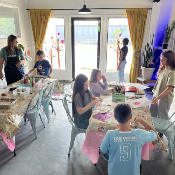 A group of people sitting at tables in a room.