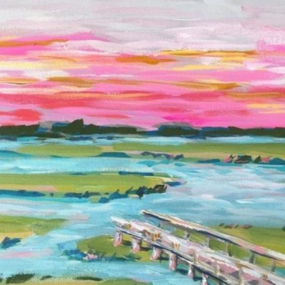 An oil painting of a bridge over a marsh.